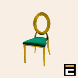 Elegant gold chair with circular backrest, with green velvet seat