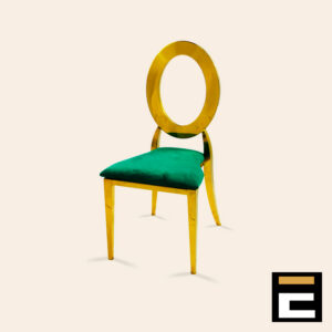 Elegant gold chair with circular backrest, with green velvet seat