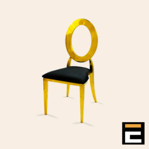 Elegant gold chair with circular backrest, with black velvet seat
