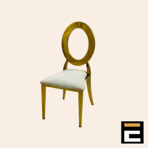 Elegant gold chair with circular backrest, with white velvet seat