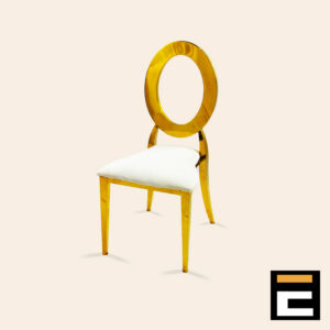 Elegant gold chair with circular backrest, with white velvet seat