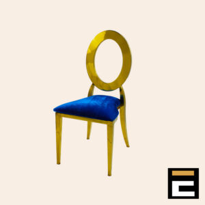 Elegant gold chair with circular backrest, with blue velvet seat