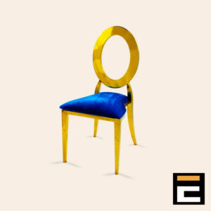 Elegant gold chair with circular backrest, with blue velvet seat
