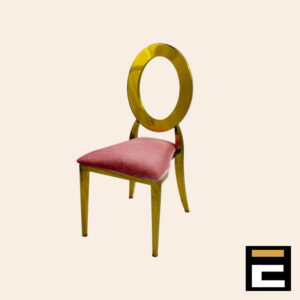 Elegant gold chair with circular backrest, with pink velvet seat