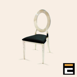 Elegant silver chair with circular backrest, with black velvet seat