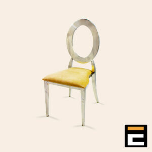 Elegant silver chair with circular backrest, with gold velvet seat