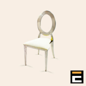 Elegant silver chair with circular backrest, with white velvet seat