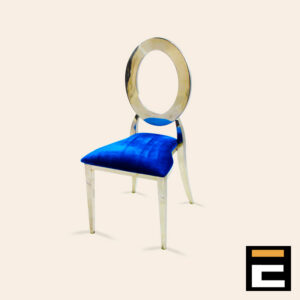 Elegant silver chair with circular backrest, with blue velvet seat