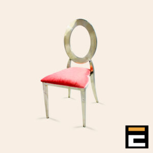 Elegant silver chair with circular backrest, with pink velvet seat
