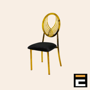 Chair with a modern gold design and black velvet seat.