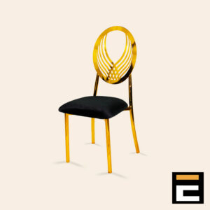 Chair with a modern gold design and black velvet seat.