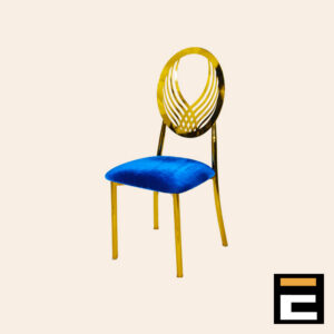 Chair with a modern gold design and blue velvet seat.