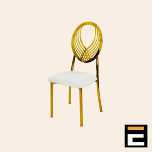 Chair with a modern gold design and white velvet seat.