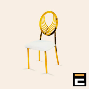 Chair with a modern gold design and white velvet seat.