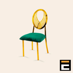 Chair with a modern gold design and green velvet seat.