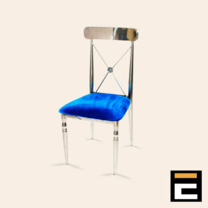 Silver chair with elegant cross-back and blue velvet seat