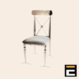 Silver chair with elegant cross-back and gray velvet seat
