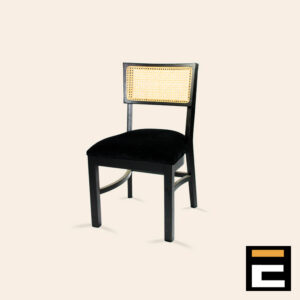 Very comfortable black chair, with a black velvet seat, and a black backrest with scratch-resistant gold trim.