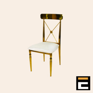 Gold chair with elegant cross-back and white velvet seat