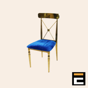 Gold chair with elegant cross-back and blue velvet seat