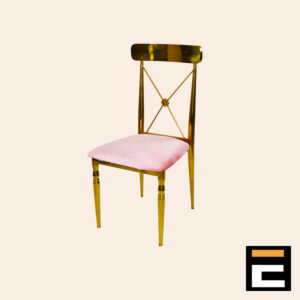 Gold chair with elegant cross-back and pink velvet seat