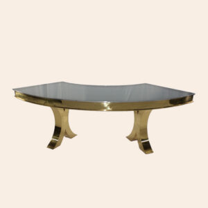 Curved family table, gold and reinforced glass