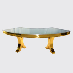 Curved family table, gold and reinforced glass