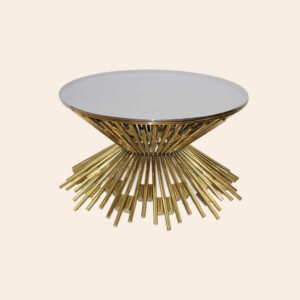 Round table, elegant carved design, with reinforced glass.