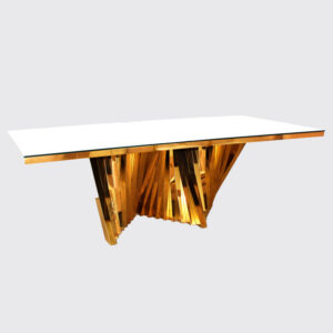 Elegant rectangular table in gold color, with tempered glass.